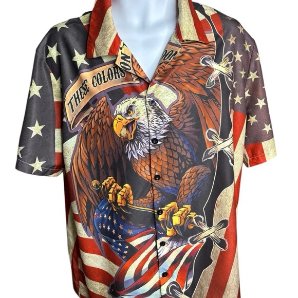 Hawaiian Men's Shirt L Multicolor Short Sleeve USA Flag Eagle Misslook — 010 - Picture 1 of 9